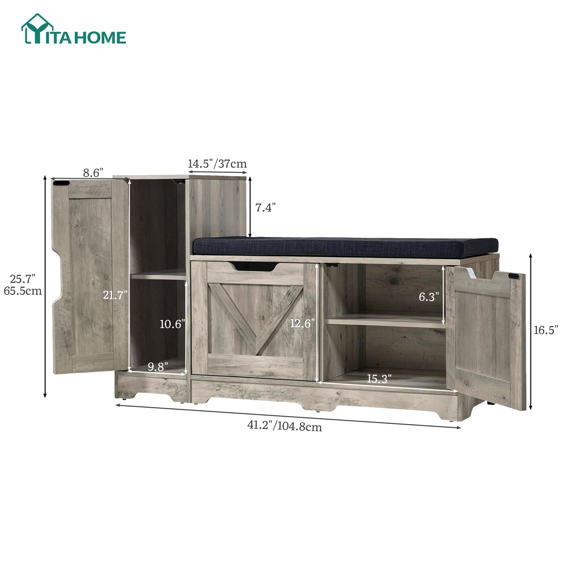 YITAHOME Shoe Bench with Side Cabinet, Padded Seat, 105cm, Grey