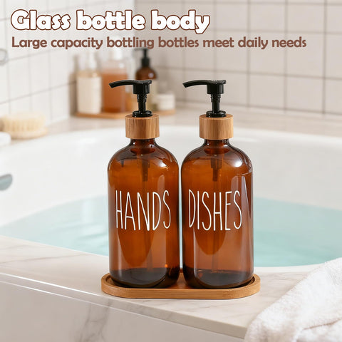 2 Pack 500ml Amber Glass Soap Dispensers with Bamboo Tray - Refillable Hand & Dish Soap Dispenser Set for Kitchen Countertop and Bathroom