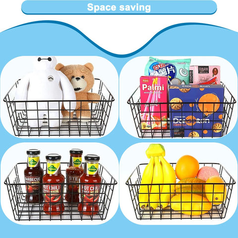 LOSYHU 4 Pack Black Wire Storage Baskets, Wire Organiser Baskets with Handles, Metal Chest Freezer Baskets Wire Organizer Bins for Fridge Shelf