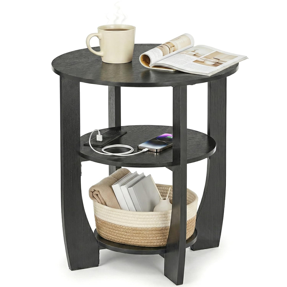 ZEXVIDA 3 Tier Round Side Table, Farmhouse Wood End Tables with Storage, Country Accent Small Sofa Bedside Table Coffee Table for Living Room Bedroom