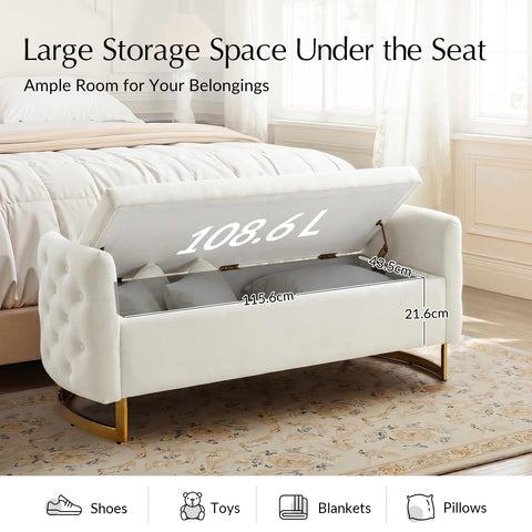 HULALA HOME Large Storage Bench with Metal Base for End of Bed, Ivory