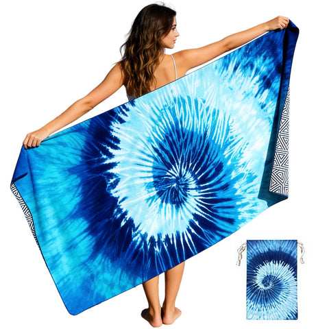 Large Microfibre Beach Towel for Adults with Bag 160x90cm,Blue Quick Dry Beach Towel with Double Sided,Lightweight Beach Microfiber Towels for Travel