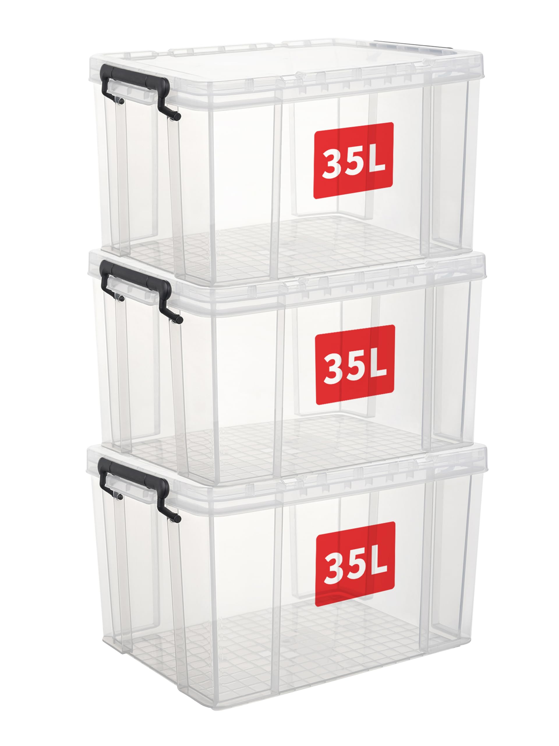 Cetomo 35L*3 Heavy-Duty Storage Boxes, Plastic Stackable Storage Box with Lids, Storage Bins with Reinforced Corners, Vertical Sides and Clip Closure
