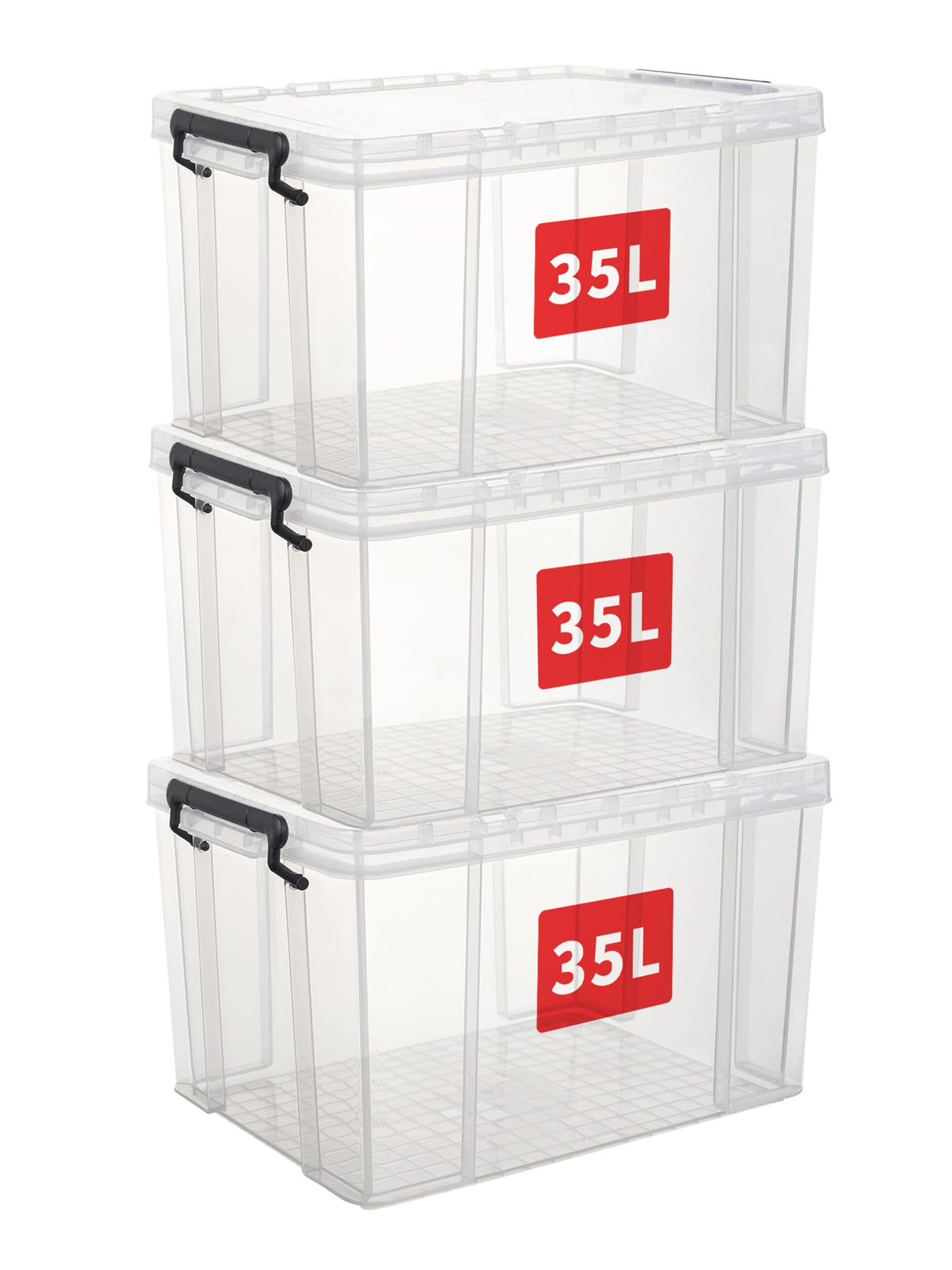 Cetomo 35L*3 Heavy-Duty Storage Boxes, Plastic Stackable Storage Box with Lids, Storage Bins with Reinforced Corners, Vertical Sides and Clip Closure