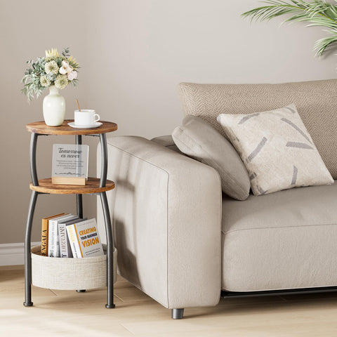 Yuede Round Side Table, 3 Tier Bedside Table, Small End Table with Fabric Basket, Coffee Table for Living Room, Bed Room, Small Space, Easy Assembly