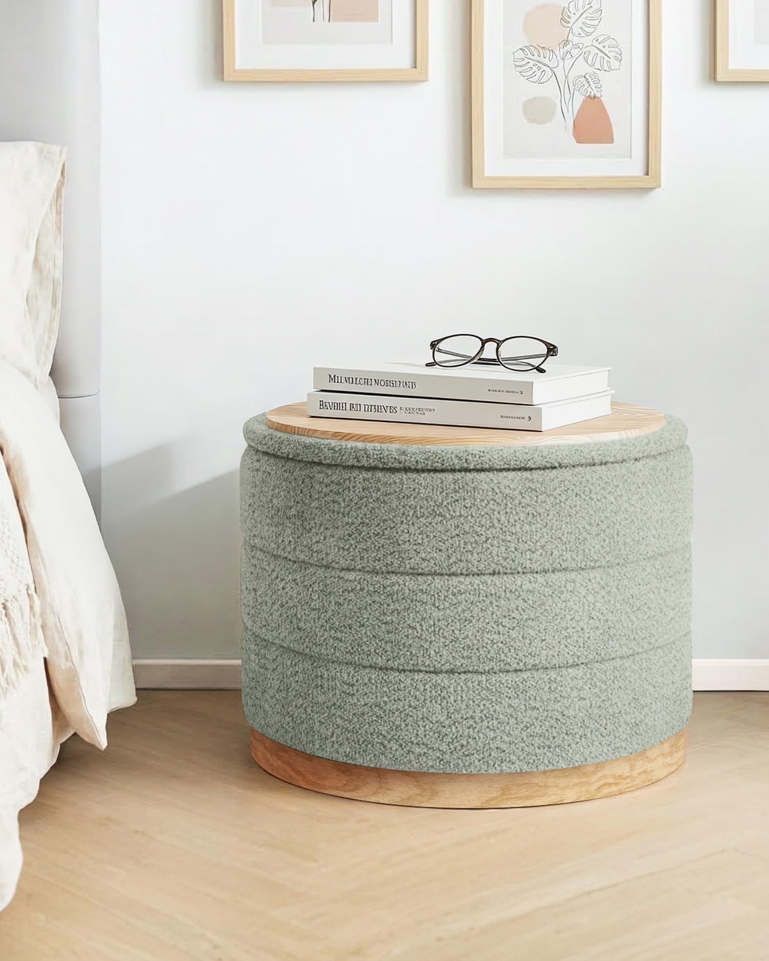 Bonlife Round Chenille Storage Ottoman, Folding Footstool with Table Top, 58x58x44cm, Load Capacity 150kg