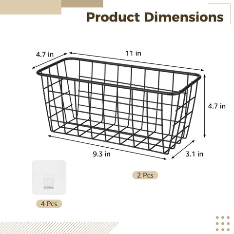 yeesport 2 Pack Black Wire Storage Baskets, Wall Mounted Carbon Steel Storage Bins with Traceless Adhesive, Small Pantry Baskets for Kitchen