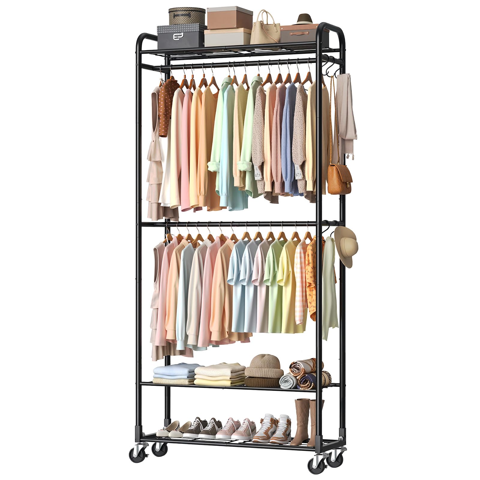 Luxspire Heavy Duty Clothes Rail, 135KG Clothing Rail with Lockable Wheels