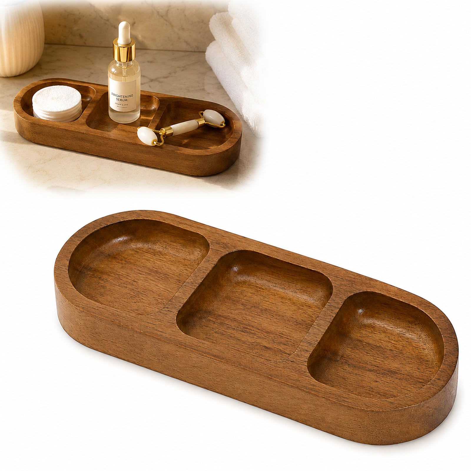 Wooden Bathroom Vanity Tray, Brown, 3 Compartments, Countertop Organiser