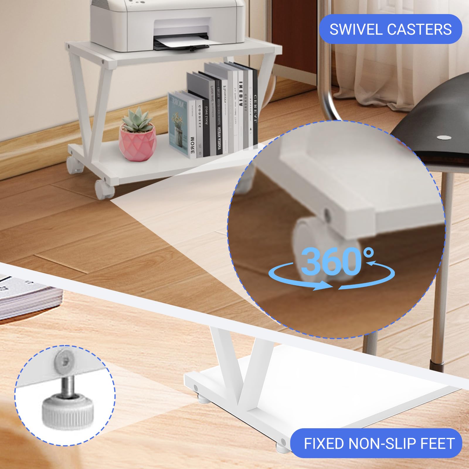 Under Desk Printer Stand with Wheels,2 Tier Mobile Printer Cart 17.3x11x11"