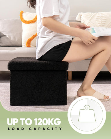 Bonlife Ottoman Seat with Storage,Folding Small Footstool for Living Room,Cube Toy Chest Box,Foot Rest,Sherpa Fabric,Black,42x32x32cm