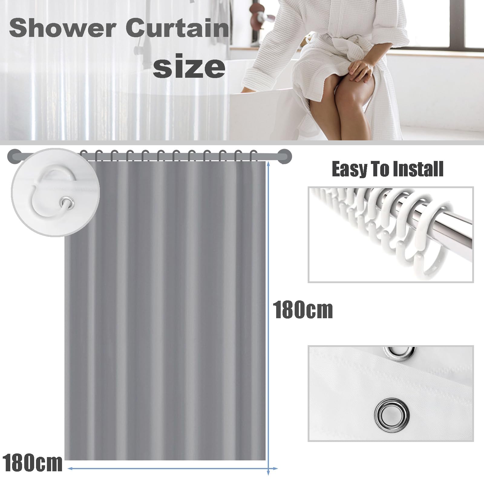 ECO Mould Proof Shower Curtain 180x180cm, Solid Grey-Blue PEVA Waterproof Heavy Duty With 3 Magnets, 12 Plastic Hooks