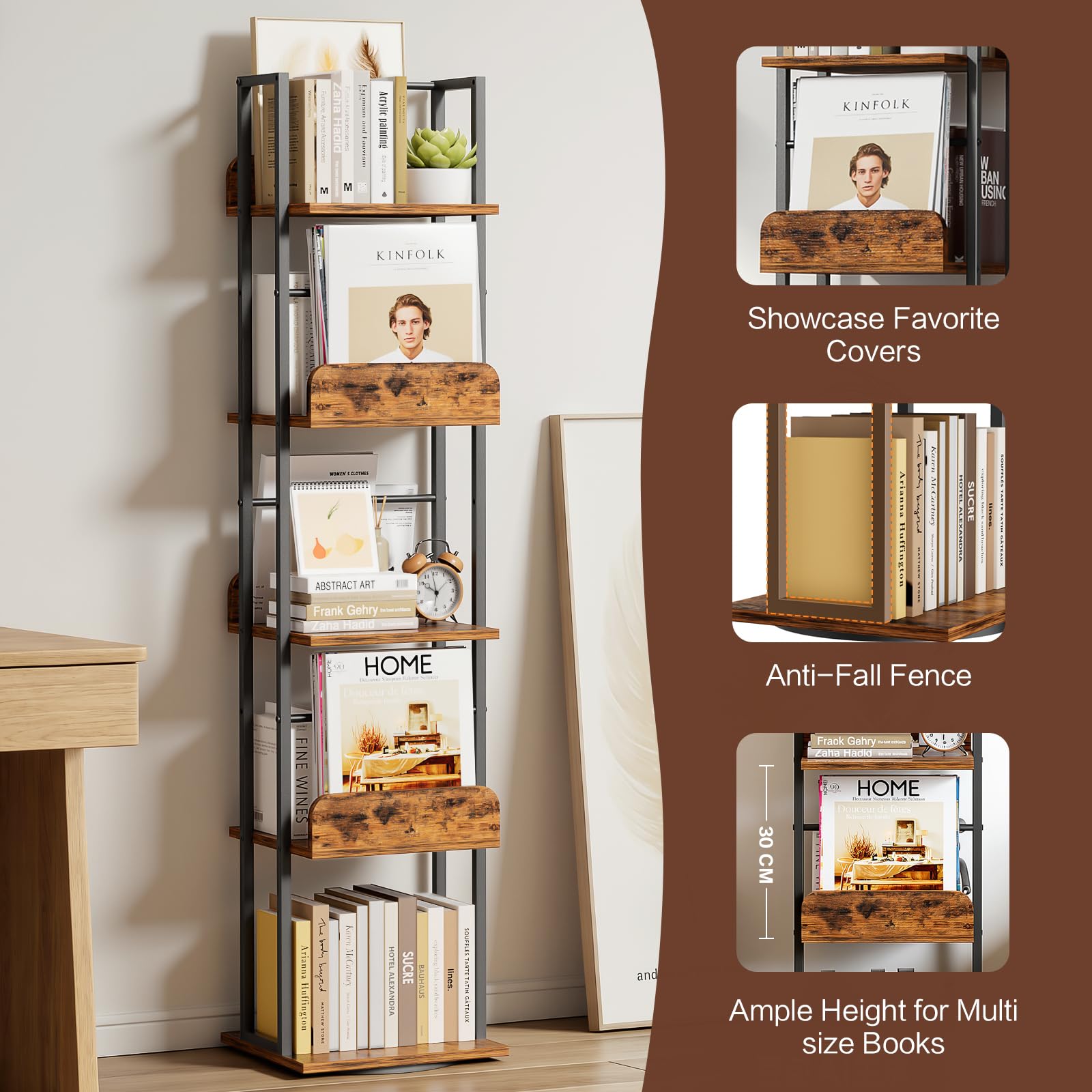 Bikoney 5-Tier Rotating Bookshelf, Tall Industrial Corner Book Tower