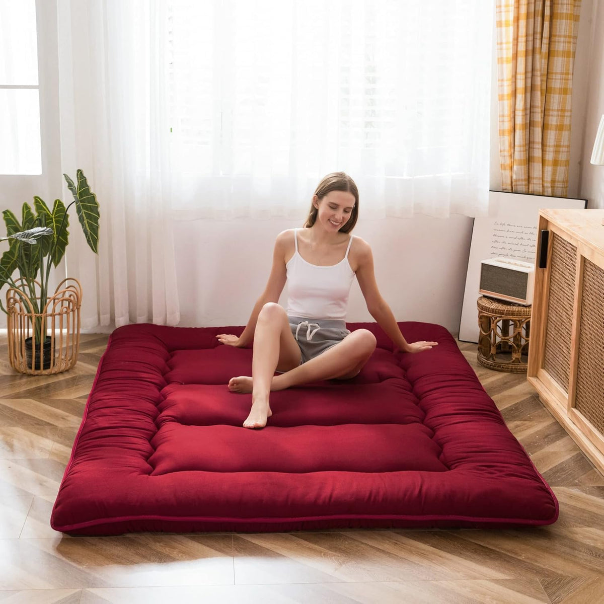 MAXYOYO Japanese Floor Futon Mattress, Thicken Tatami Sleeping Pad Foldable Roll Up Dormitory Mat Pad Floor Lounger Pillow Bed (Burgundy,Single)