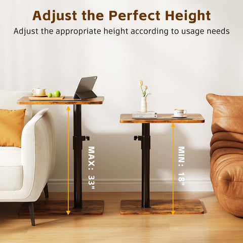 CAIYUN C Shaped Side Table, Height Adjustable Swivel 360° Rotating, Brown End Table for Small Spaces