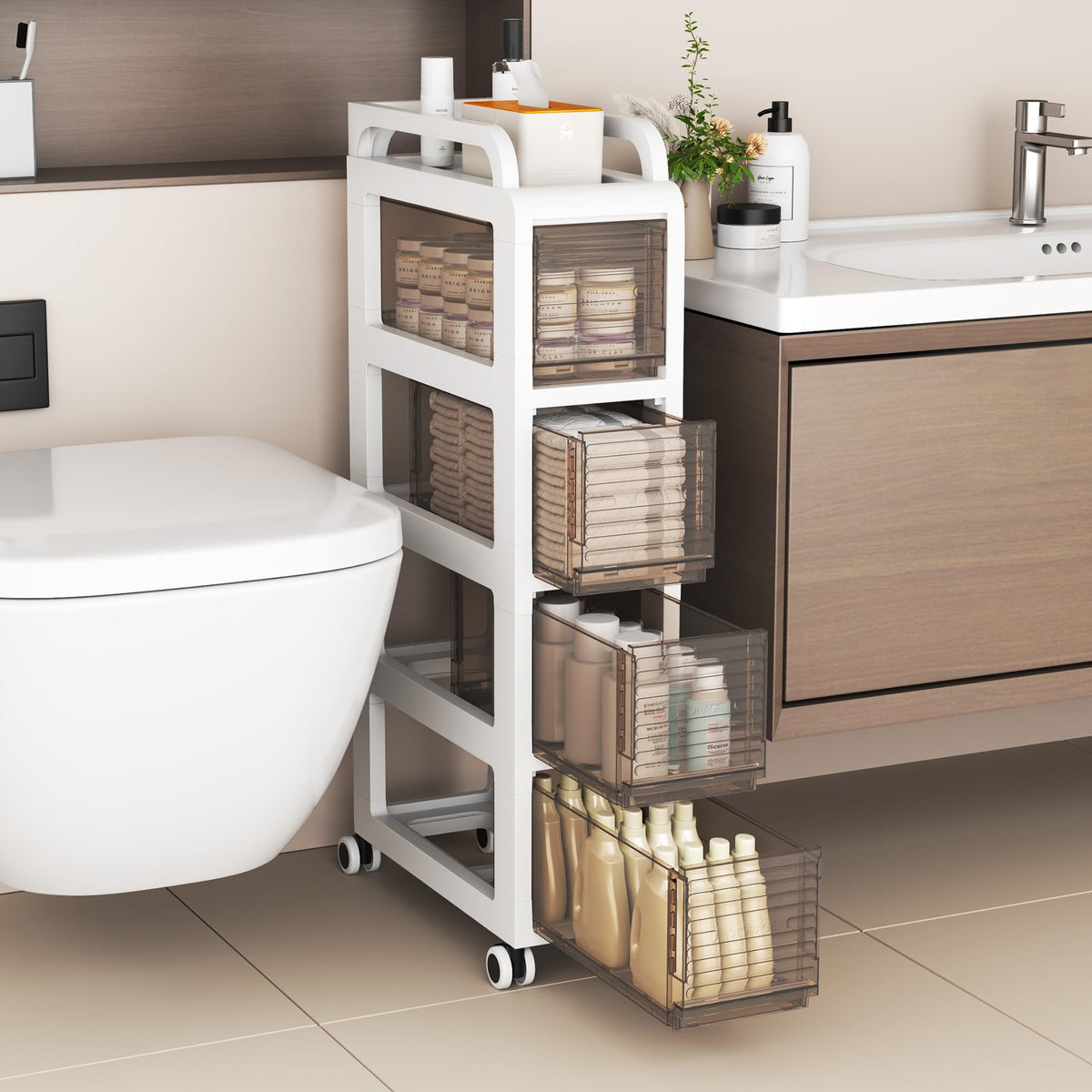 20cm Bathroom Cabinet, 4 Drawers Storage unit, 84cm Tall Toliet Organiser