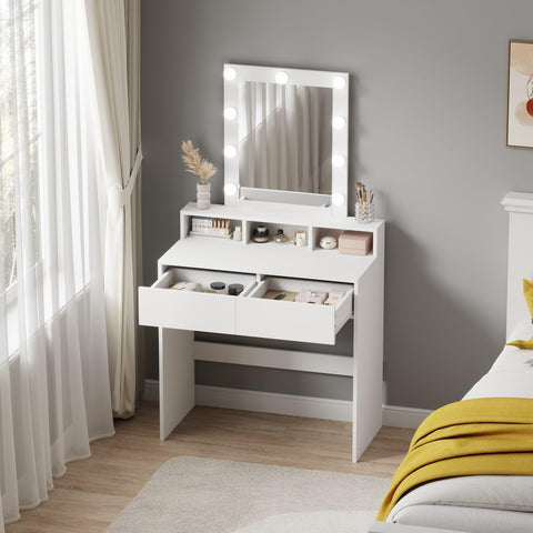WestWood Modern LED Dressing Table with Hollywood Mirror, Makeup Vanity Desk with Drawers and Open Shelves