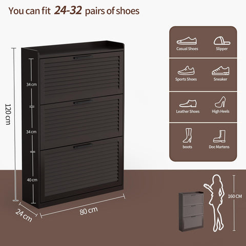 BonVache Shoe Storage with 3 Flip Louvered Doors, Narrow Wooden Shoe Cabinet (120x80x24cm) with Adjustable Shelves For Hallway, Entreway