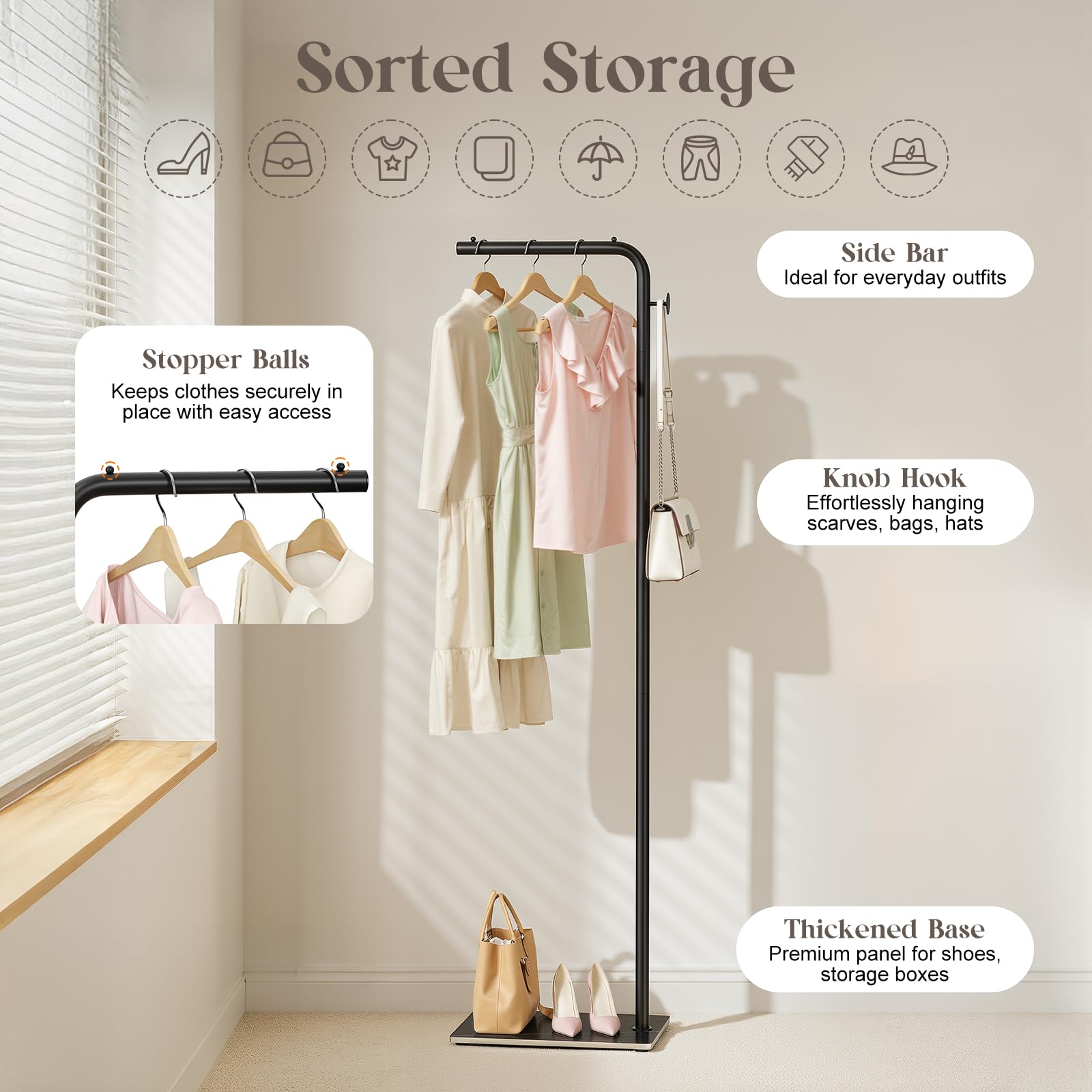 KEYSAFER Metal Coat Stand L- shape Freestanding Clothing Rail 180cm Coat Rack with 1 Hooks for Hanging Clothes Hats and Bags,Stable Rock Base,Clothes