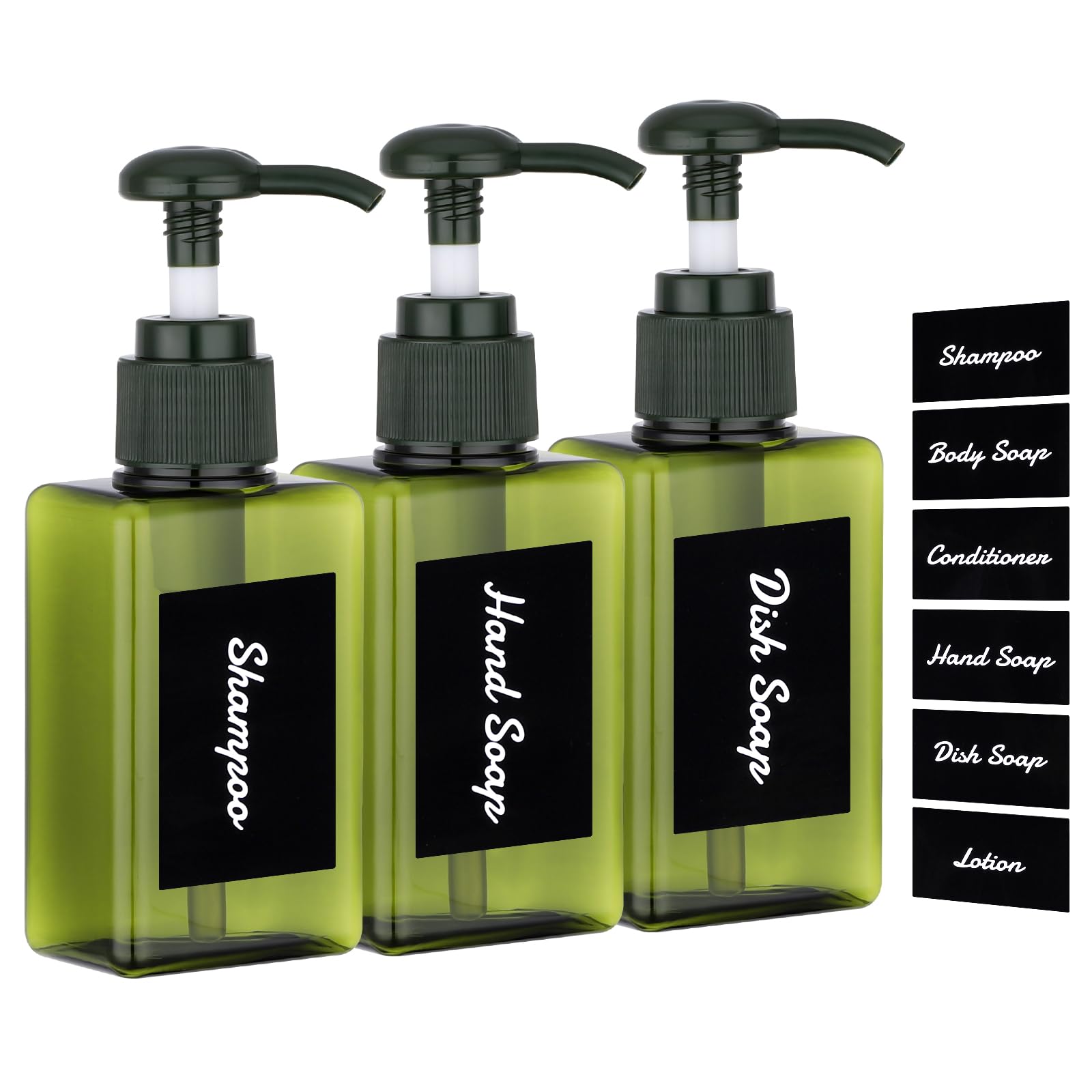 Segus Hand Soap Dispenser, 3 Pieces 100ml Empty Shampoo Bottles, Small Shower Dispensers with Labels, in Plastic, Bathroom Accessories (Dark Green)