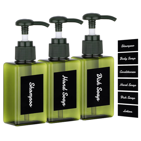 Segus Hand Soap Dispenser, 3 Pieces 100ml Empty Shampoo Bottles, Small Shower Dispensers with Labels, in Plastic, Bathroom Accessories (Dark Green)