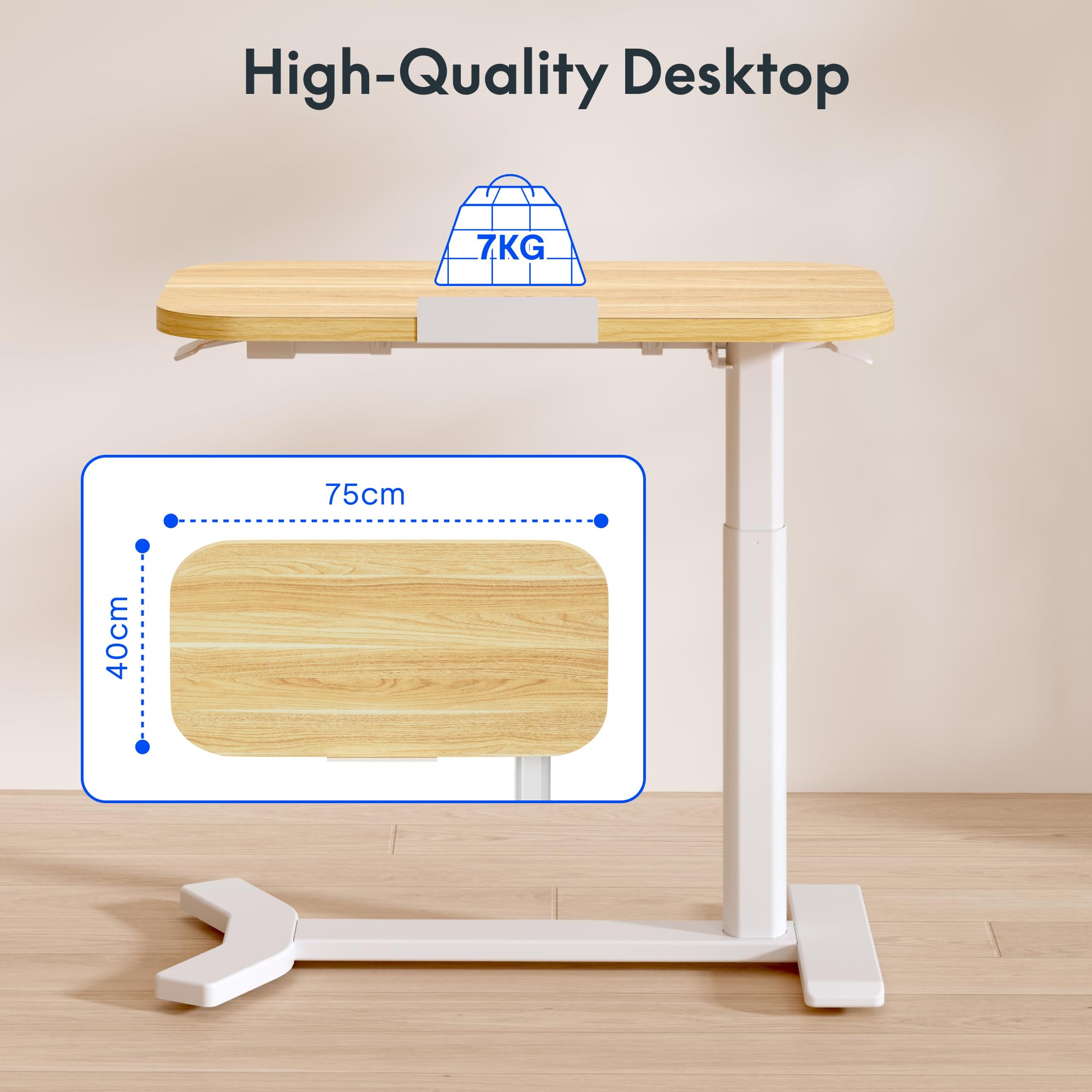 FLEXISPOT Overbed Table with Wheels, Adjustable Height Bedside Table, Rolling Laptop Desk for Bed Sofa, Small Standing Desk 75 x 40 cm