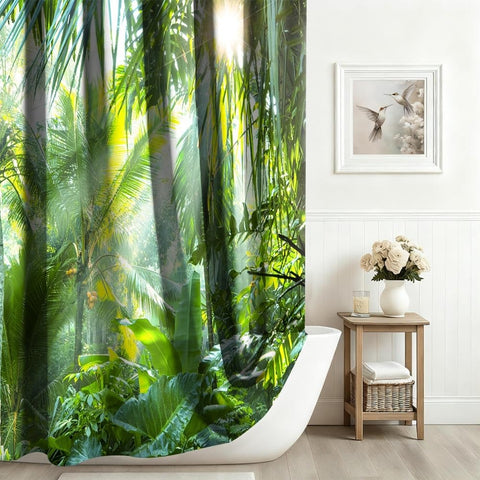 Xiaoterna Spring Shower Curtain Tropical Rainforest Lush Green Foliage in Jungle Bathroom Curtain Jungle Safari Sunrise Waterproof Shower Curtain