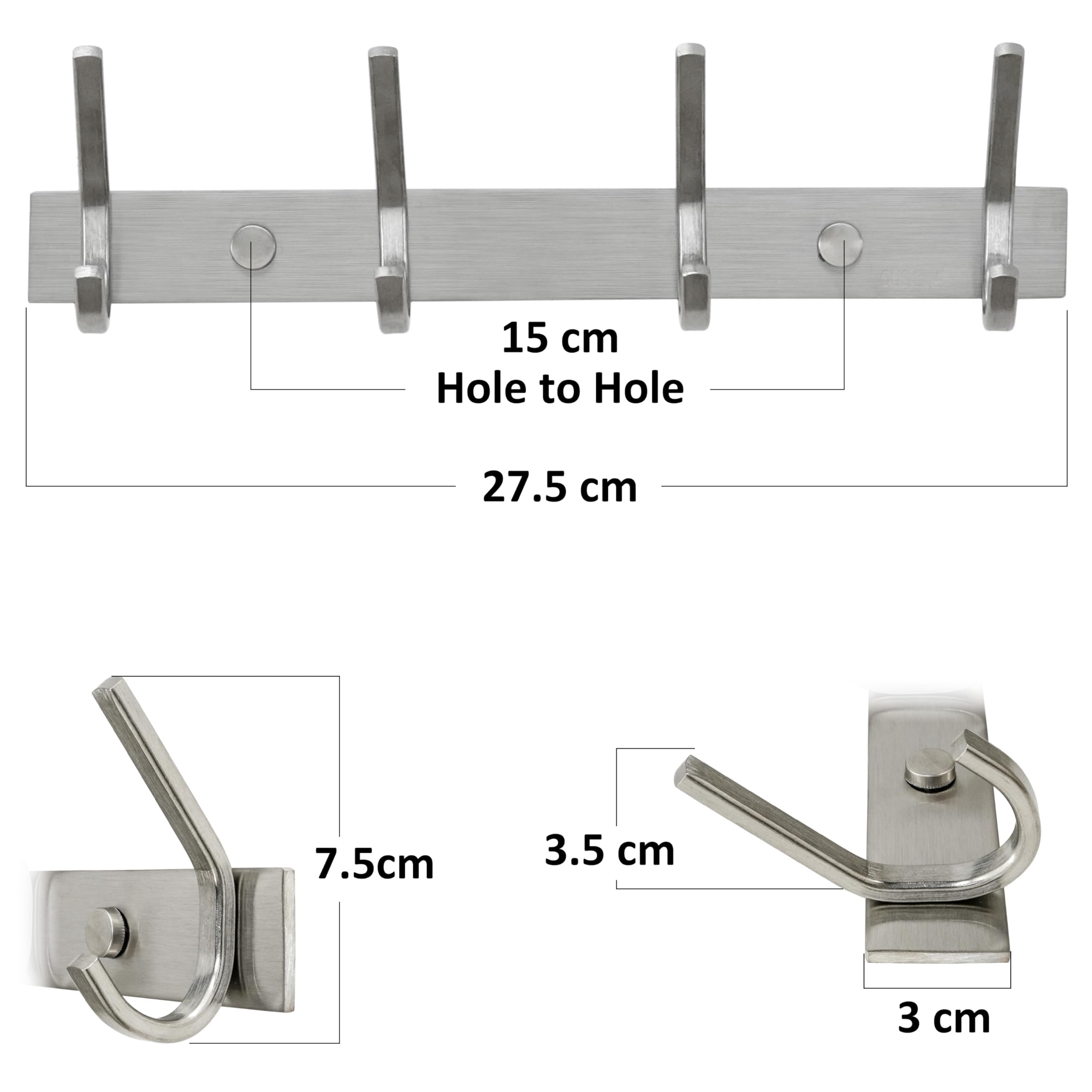 HONSKY Wall Coat Rack, 17.5cm Towel Rack, Painted Metal Wall Coat Hanger with 4 Double Hooks (8 Single Hooks),for Hanging Coat, Hat, Bag, Towel