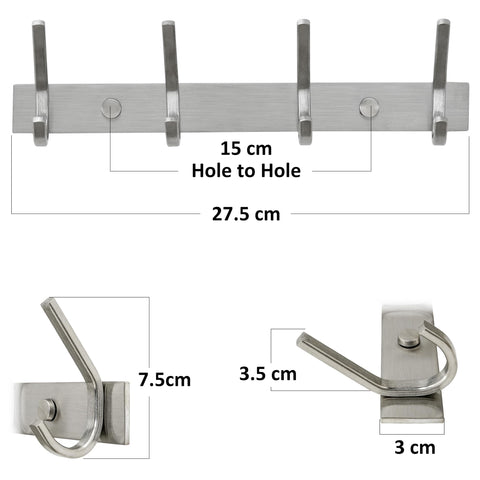 HONSKY Wall Coat Rack, 17.5cm Towel Rack, Painted Metal Wall Coat Hanger with 4 Double Hooks (8 Single Hooks),for Hanging Coat, Hat, Bag, Towel