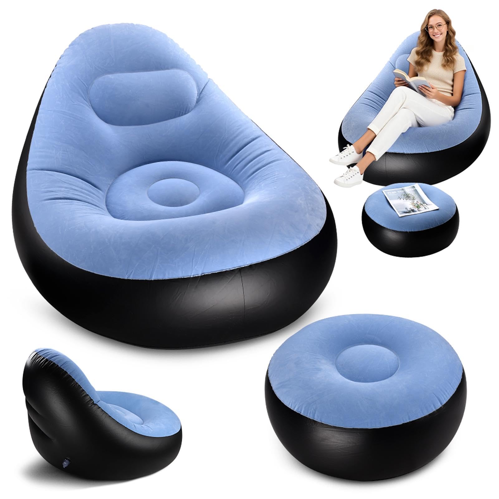 Fiacvrs Inflatable Lounge Chair for Adults, Portable Folding Inflatable Blow Up Couch with Foot Stool