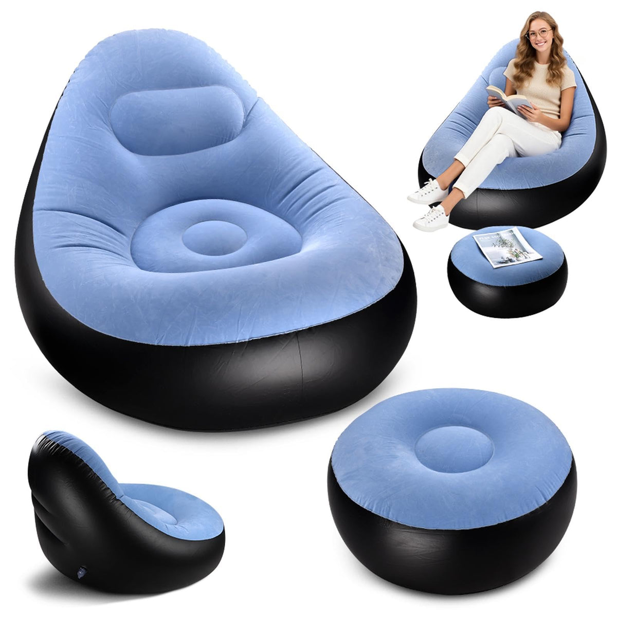 Fiacvrs Inflatable Lounge Chair for Adults, Portable Folding Inflatable Blow Up Couch with Foot Stool