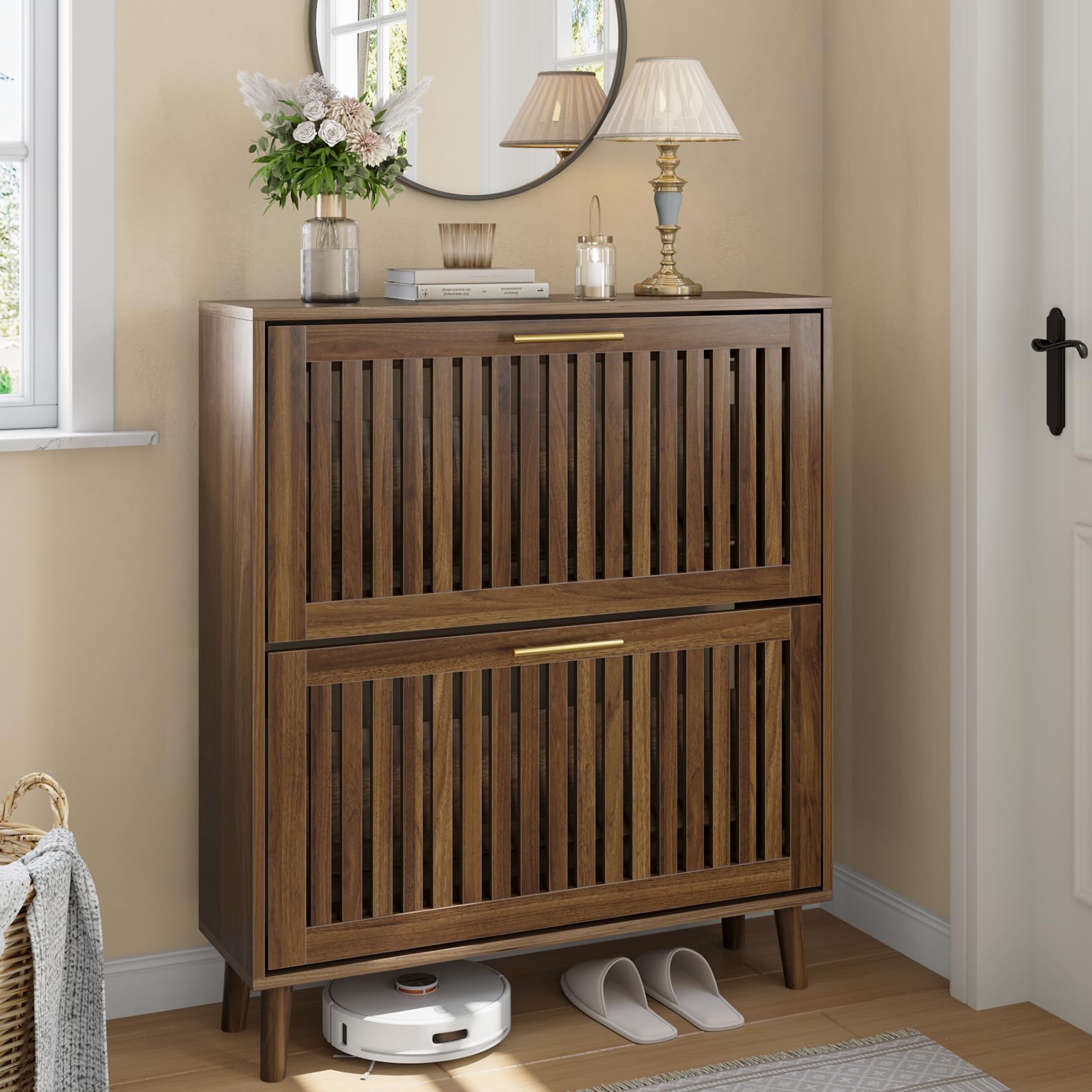 Smart FENDEE Shoe Storage Cabinet with 2 Flip Slatted Drawers, Narrow Wood Shoe Cabinet with Gold Handle, Hidden Entryway Shoe Organizer for Hallway