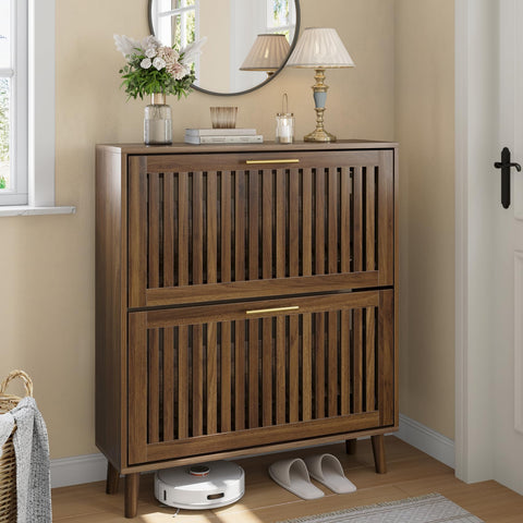 Smart FENDEE Shoe Storage Cabinet with 2 Flip Slatted Drawers, Narrow Wood Shoe Cabinet with Gold Handle, Hidden Entryway Shoe Organizer for Hallway