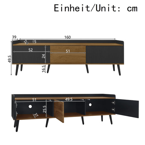 Ball & Cast TV Cabinet TV Stand Compact Media Unit with Raised Edge, Striped Doors & Solid Wood Legs 160 × 39 × 49.5 cm - Black & Natural Wood