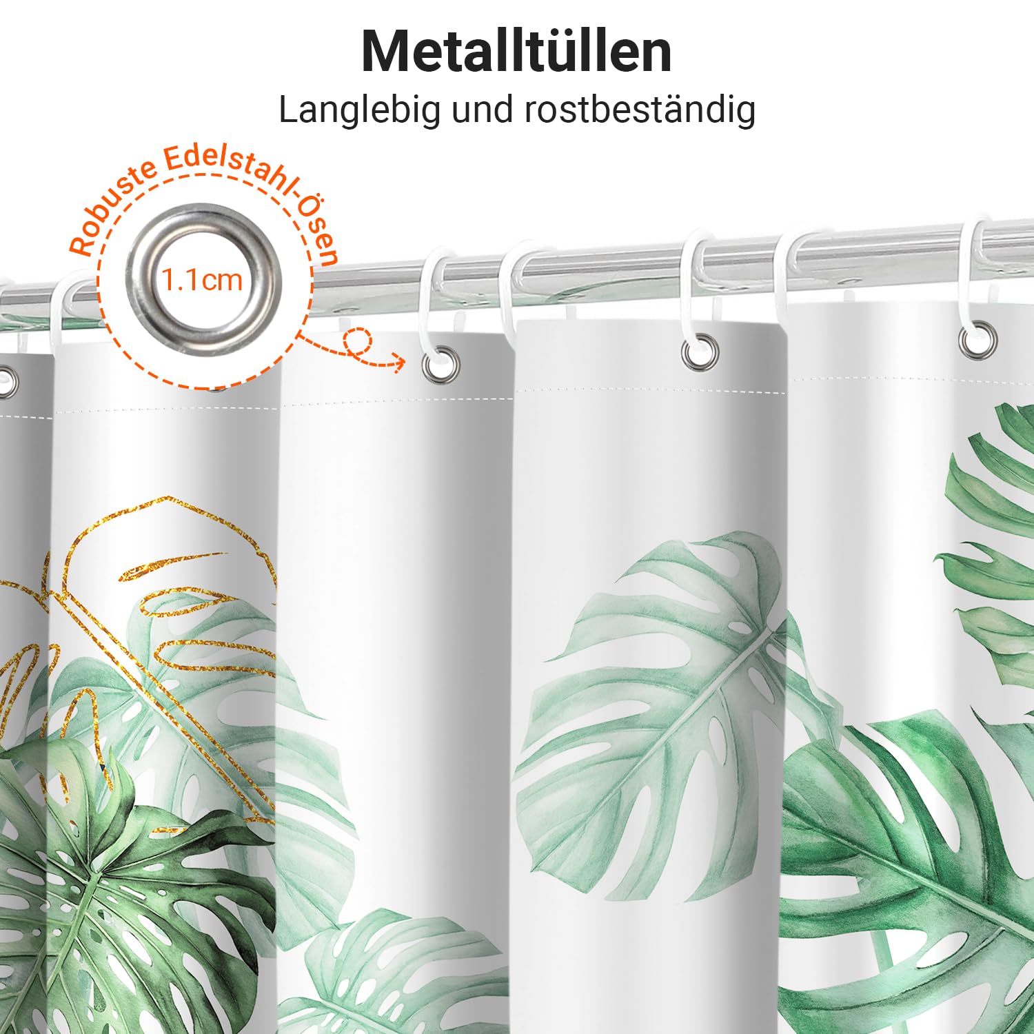 Shower Curtain, 120 x 180 cm, Golden Edged Bamboo Leaves Motif, Weighted Hem, Anti-Mould, Water-Repellent