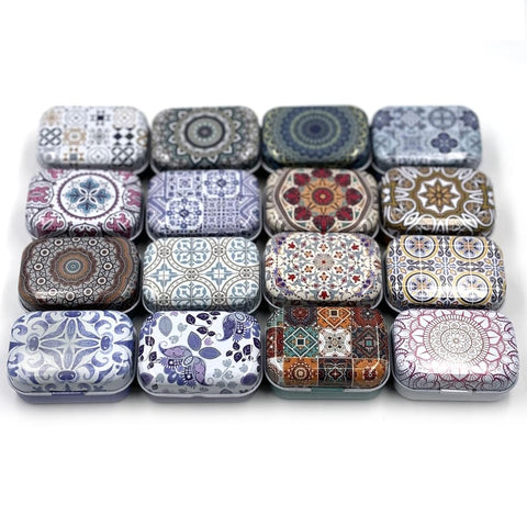CCUUHJ 8 Pack Rectangular Small Tin Box Metal Hinged Tins for Candies Jewelry, 6X4X2.5 CM (Ethnic Pattern)