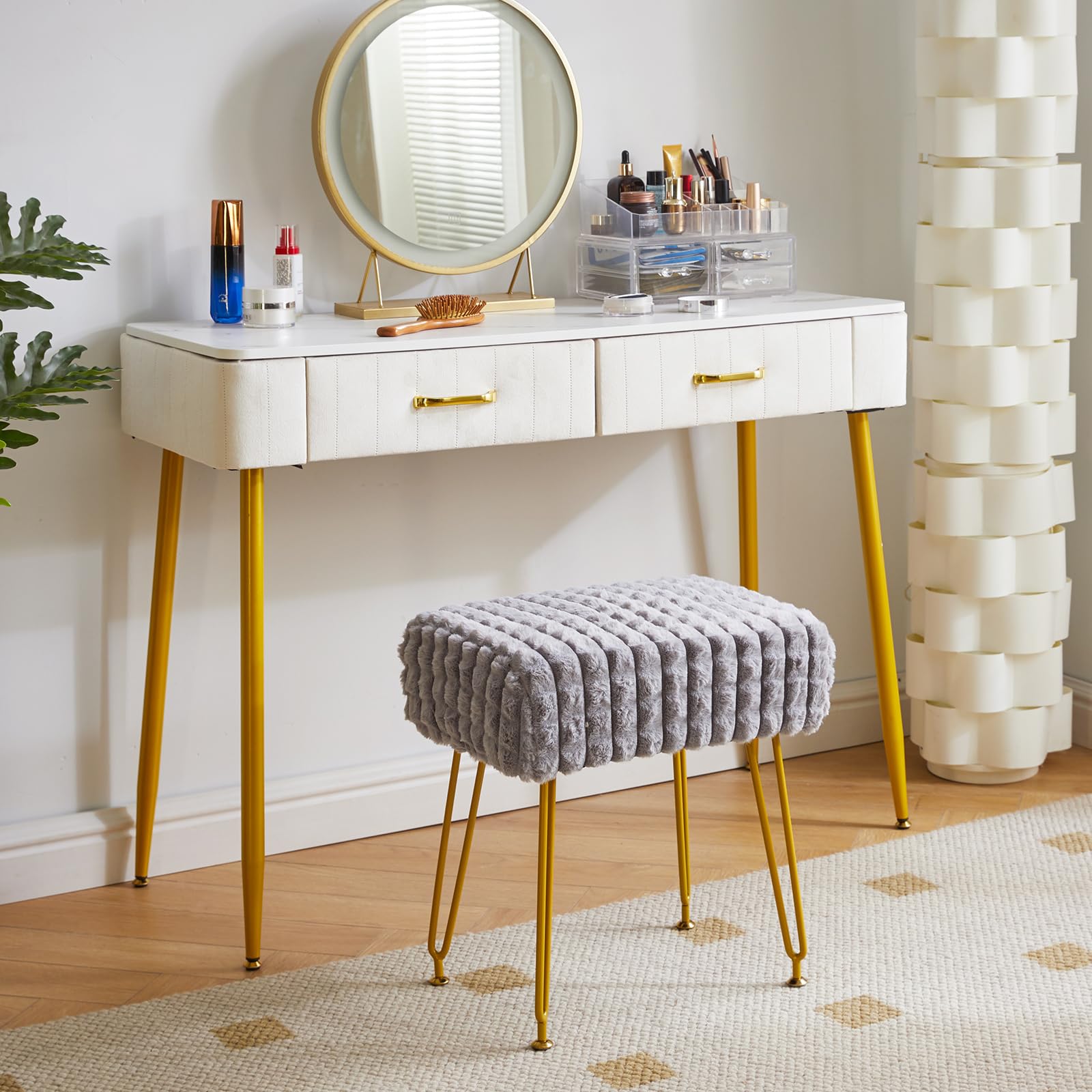 IBUYKE Makeup Vanity Chair, Rectangular Footrest Stool, Grey WBD003G
