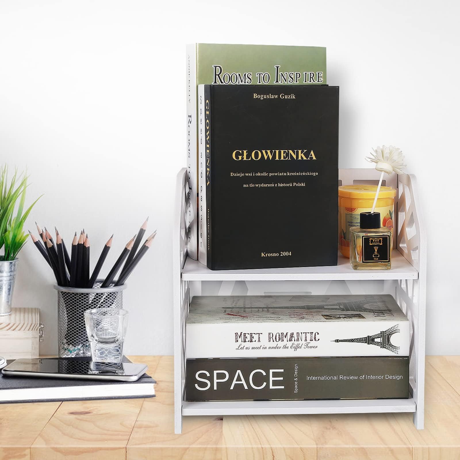 DoToGo Desk Shelf Organizer, Deskop Bookshelf for Small Space Adjustable Expendable for Office, Home, Kitchen (white-small square)