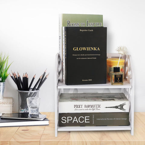 DoToGo Desk Shelf Organizer, Deskop Bookshelf for Small Space Adjustable Expendable for Office, Home, Kitchen (white-small square)