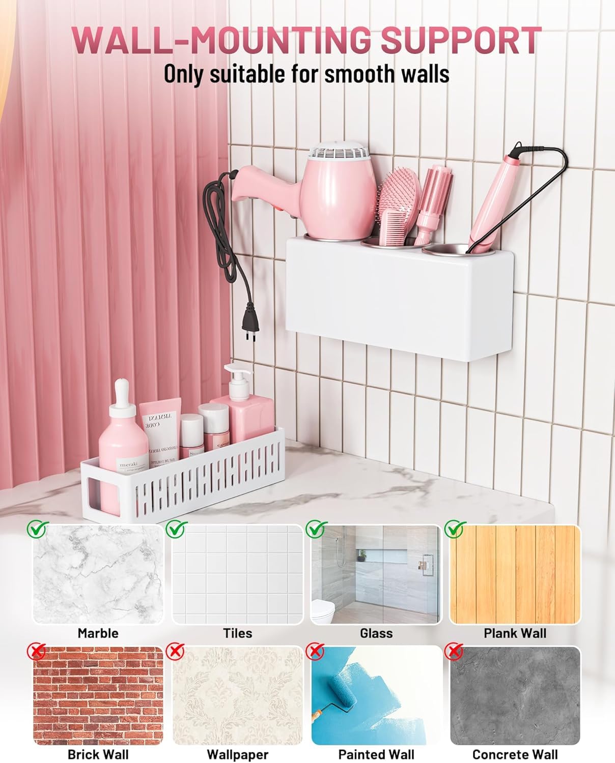 Hair Dryer Holder - Detachable Hair Tool Organiser, 3 Stainless Steel Cups
