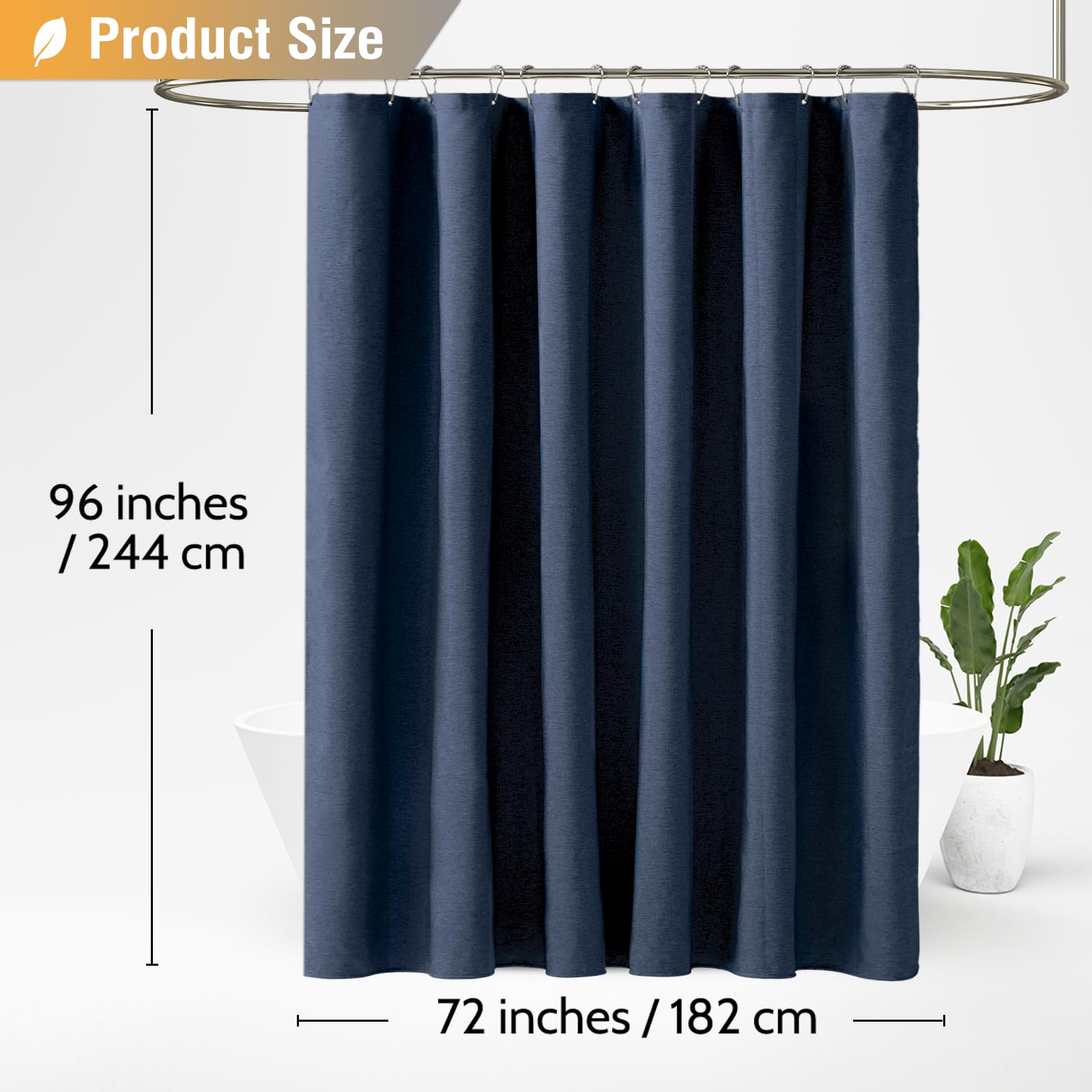 BTTN Extra Long Linen Look Weighted Shower Curtain, 182x244cm, Navy Blue
