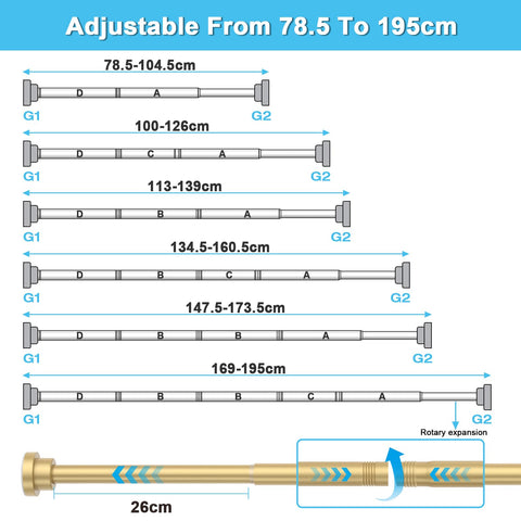 Shower Curtain Pole Extendable Curtain Poles 79-195 Cm Tension Rods For Curtains Extendable No Drill Shower Curtain Rail Non-Slip Gold Shower Pole
