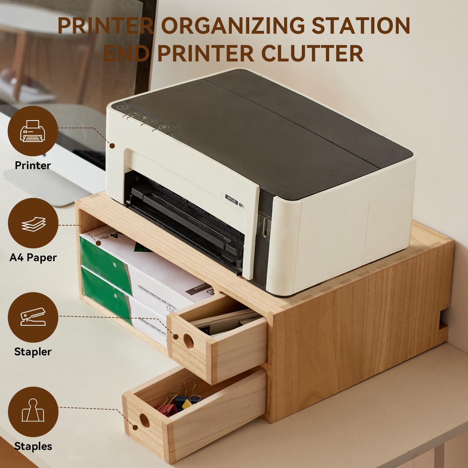 KIRIGEN Solid Wood Printer Stand with 2 Drawers & Open Compartment, Desk Tidy Organizer for A4 Paper, Office Supplies & Power Strip Storage