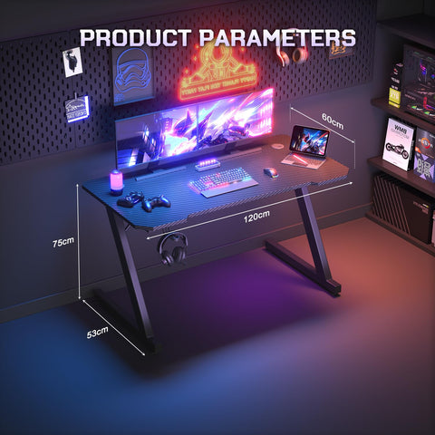 JUMMICO Gaming Desk 120 x 60 cm, Z Shaped Gaming Table Computer Desk PC Gamer Desk for Home Office, Gaming Desk with Headphone Hook, Black