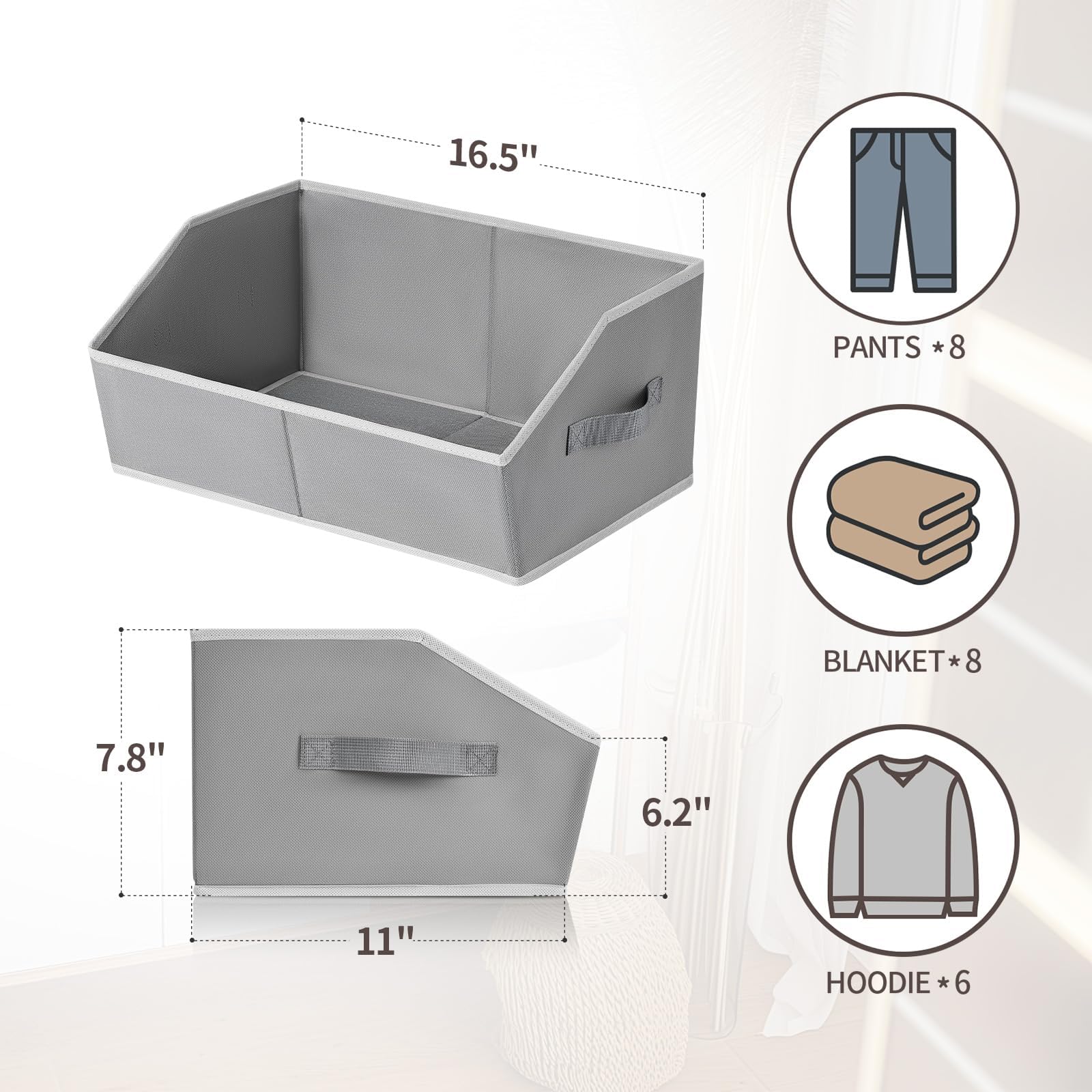 Homsorout Fabric Storage Boxes - 4 Pack Large Open Wardrobe Organiser Grey