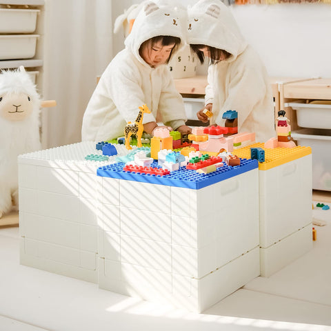 SHIMOYAMA Collapsible Storage Box with Baseplate Lid for Duplo, 25L Stackable Bin with Separate Building Board for Lego
