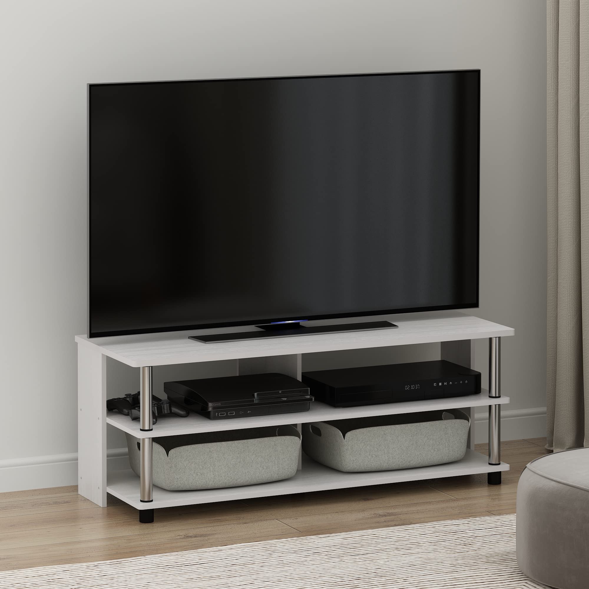 Furinno SULLY TV Stand, 3-Tier Entertainment Center, TV Console for TV up to 48 Inch, for Living Room, Bedroom, White Oak/Stainless Steel Tubes