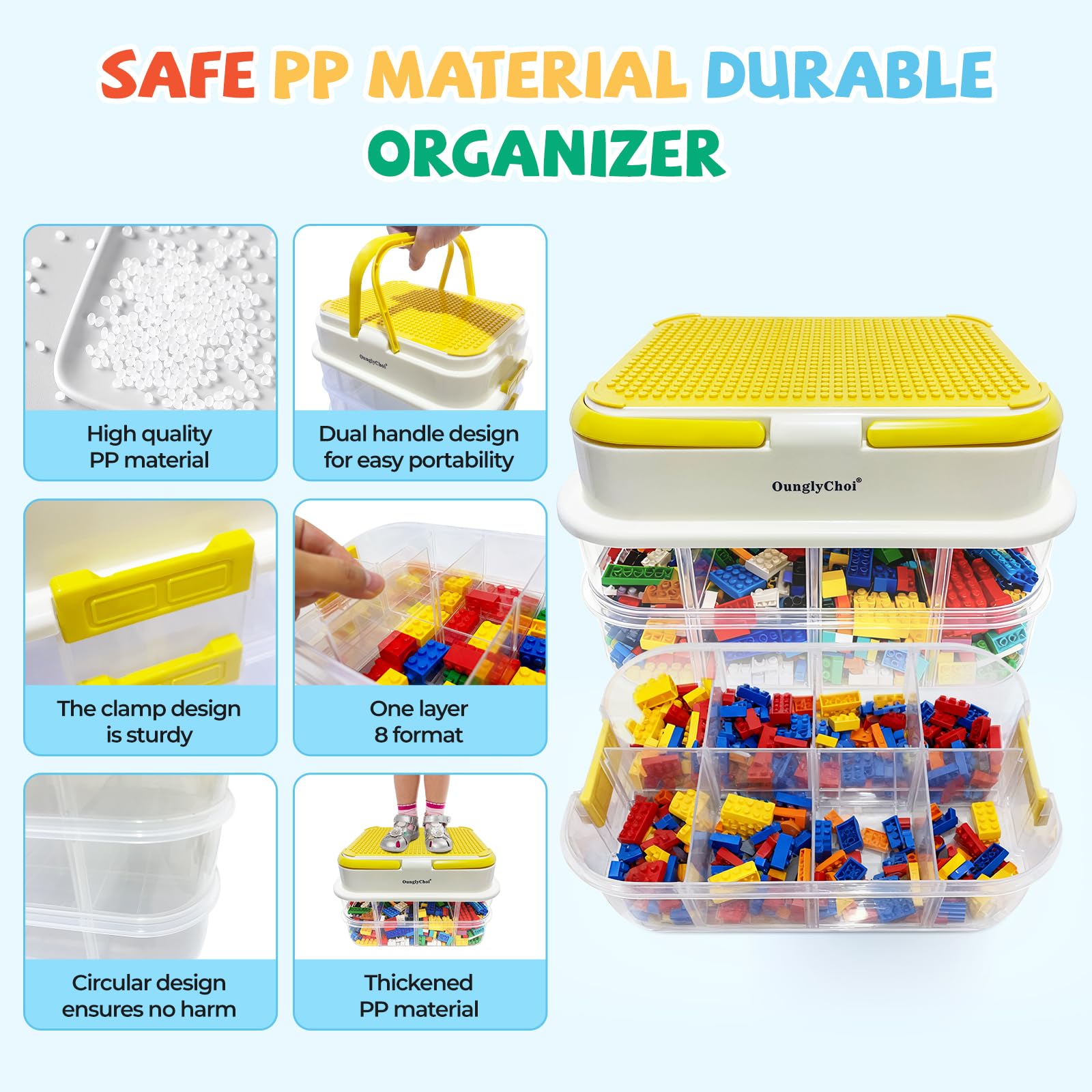OunglyChoi Storage Boxes with Lids for Lego Cube 4-Layers Stackable Blocks Organizing Box with Handle Clear Compartment Container for Kids Toy