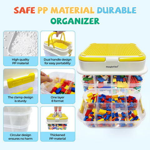 OunglyChoi Storage Boxes with Lids for Lego Cube 4-Layers Stackable Blocks Organizing Box with Handle Clear Compartment Container for Kids Toy