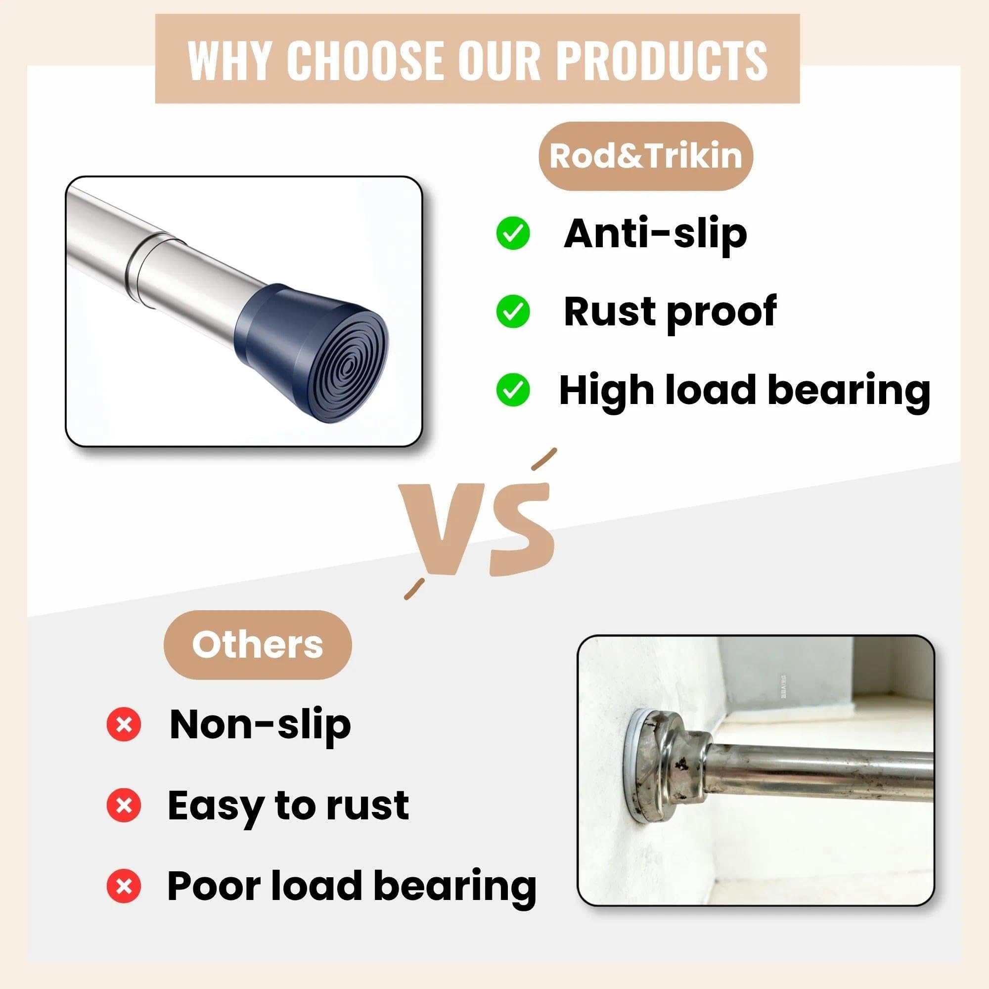 Tension Rod Shower Curtain Pole No Drilling Spring Loaded Tension Rods Adjustable Curtain Pole Extendable Wardrobe Pole For Clothes White 83-190Cm